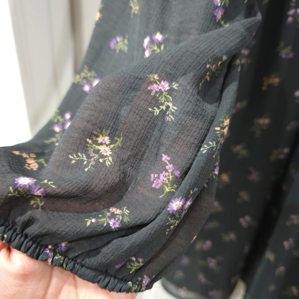 AMERICAN EAGLE Floral Mini Dress Vneck Ruffle Collar Gray Purple Cottage Core L - Picture 8 of 16
